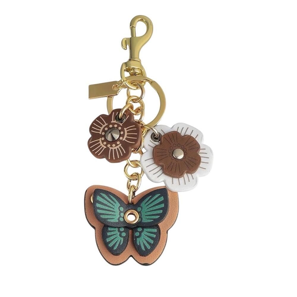 Gold-Tone Butterfly & Floral Keychain Bag Charm - Brown, White, Green